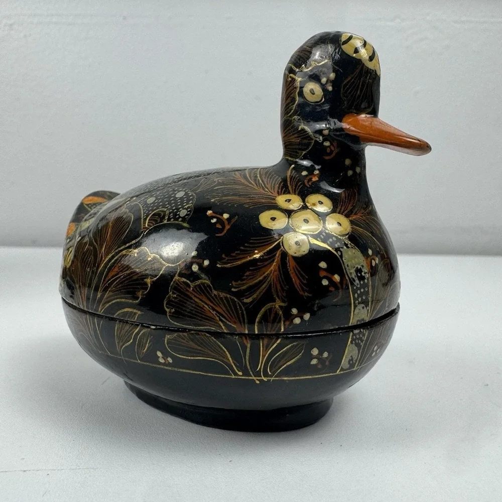Vtg 80s Kubla Crafts Kashmir Hand Painted Duck Trinket Box Boho Cottagecore